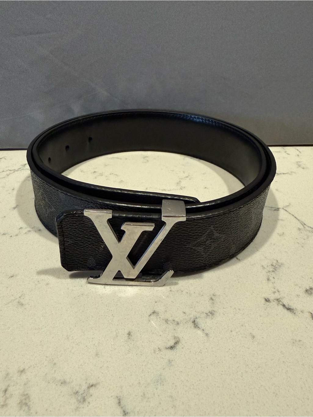 Louis Vuitton Black Leather Textured Belt With Subtle Monogram
